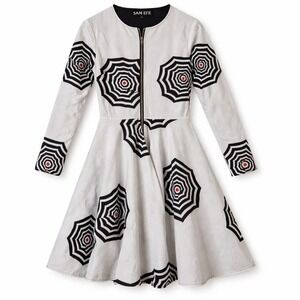 Mae Otti Womens Long Sleeve spiderweb Fit and Flare Zipper Dress S 70s vibes mod